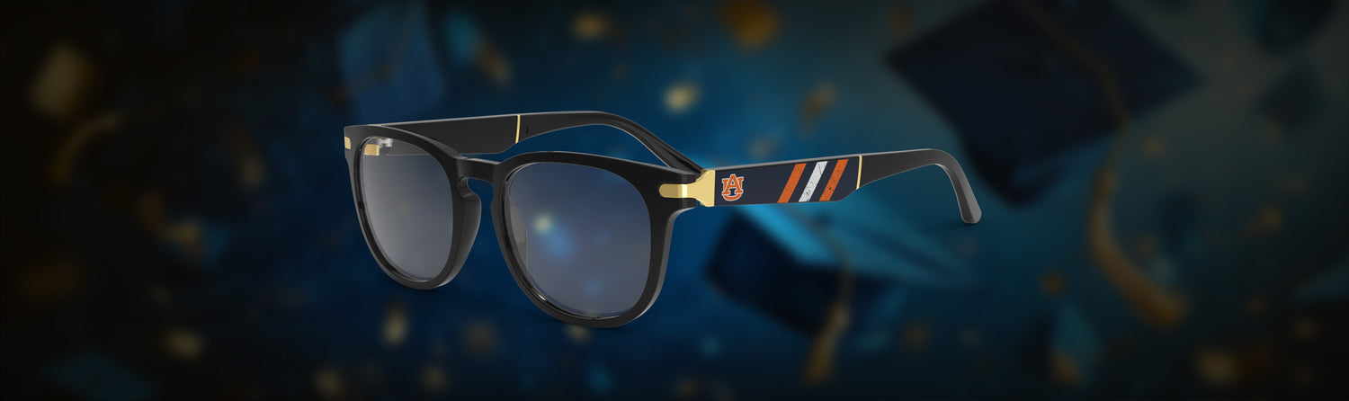 Glasses with a colorful frame on a dark, starry background