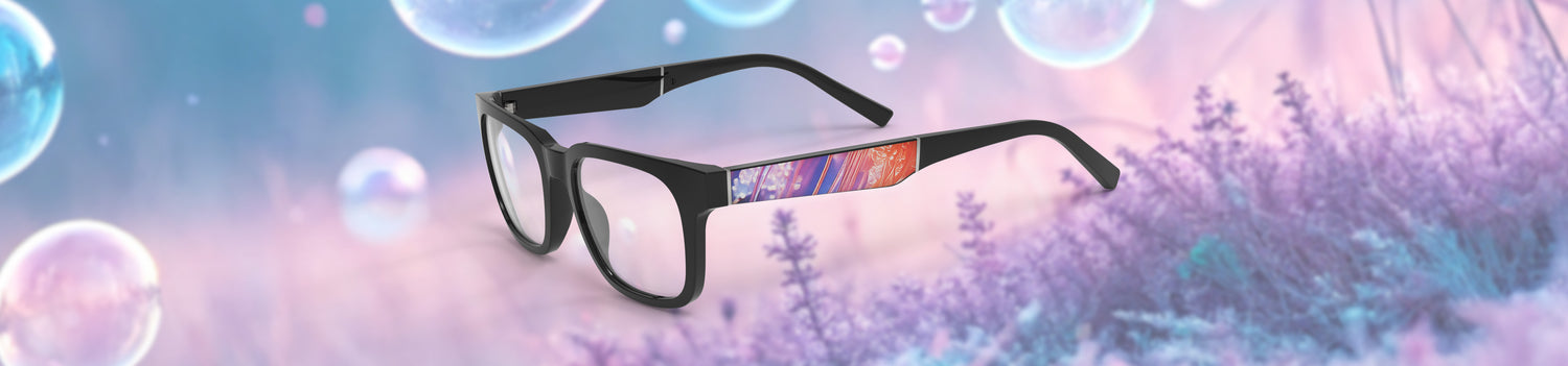 Glasses with colorful lenses on a blurred background of trees and sky