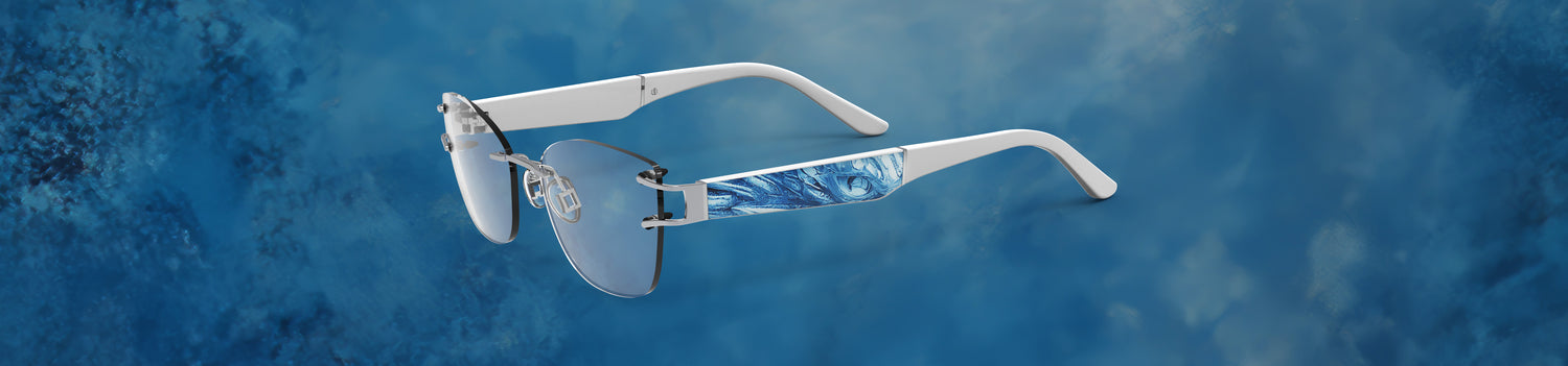 White eyeglasses with blue gradient lenses on a blue textured background