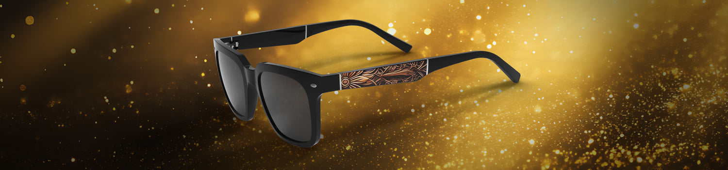 Sunglasses with a camouflage pattern on a gold and black gradient background