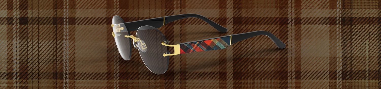 Sunglasses with plaid pattern on a plaid background