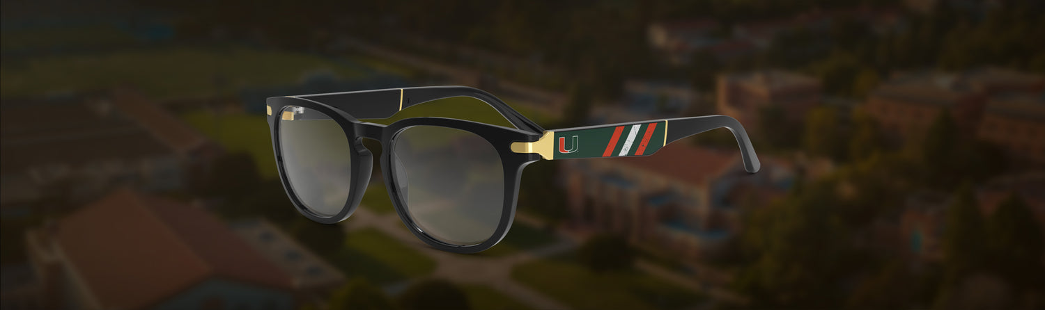 Glasses with a colorful band on a blurred background