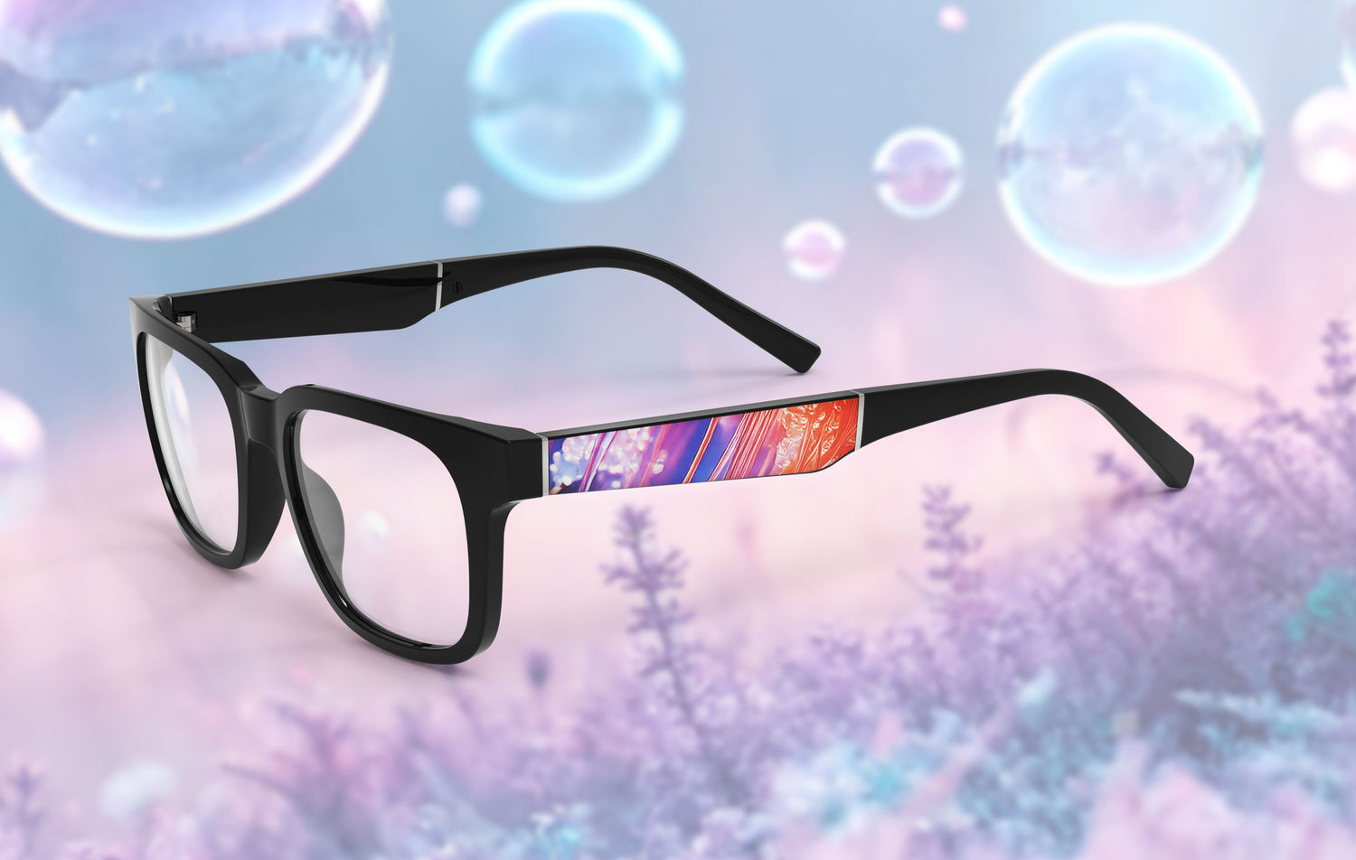 Black-framed glasses with a colorful lens on a soft, blurred background