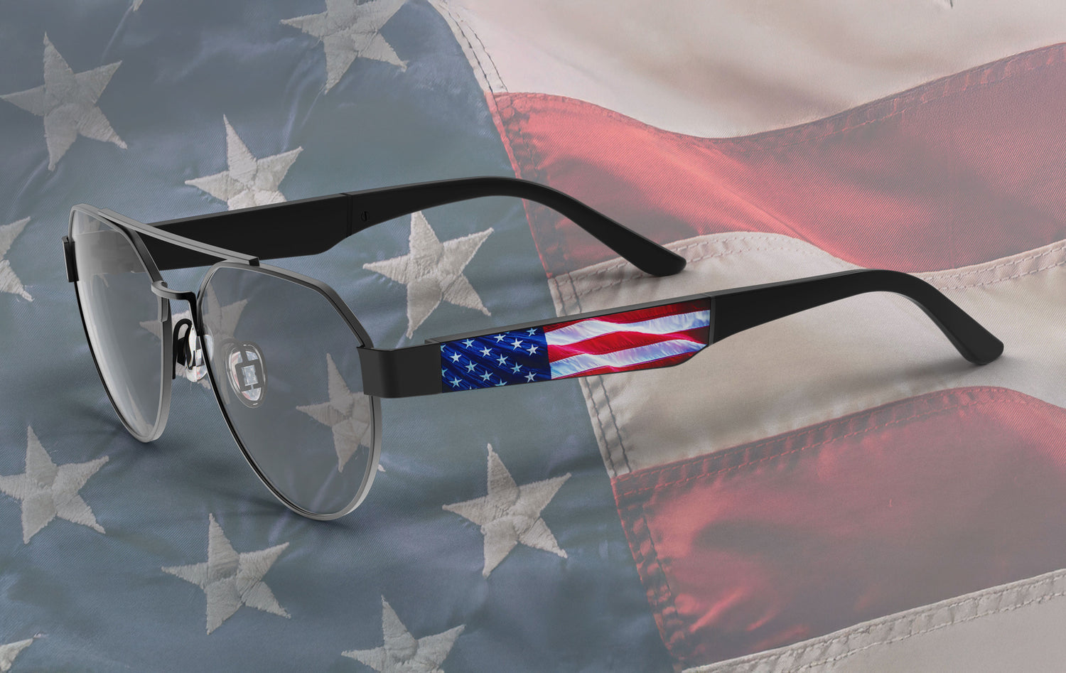 Glasses with American flag design on a blurred American flag background