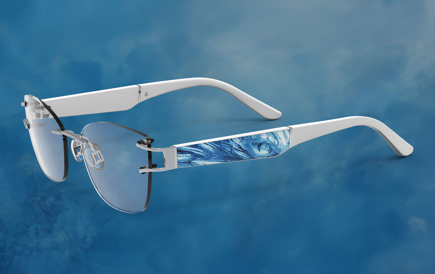 Sunglasses with white frame and blue-tinted lenses on a blue gradient background