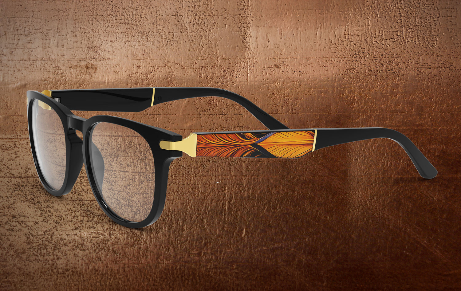 Glasses with decorative arm on a brown textured background