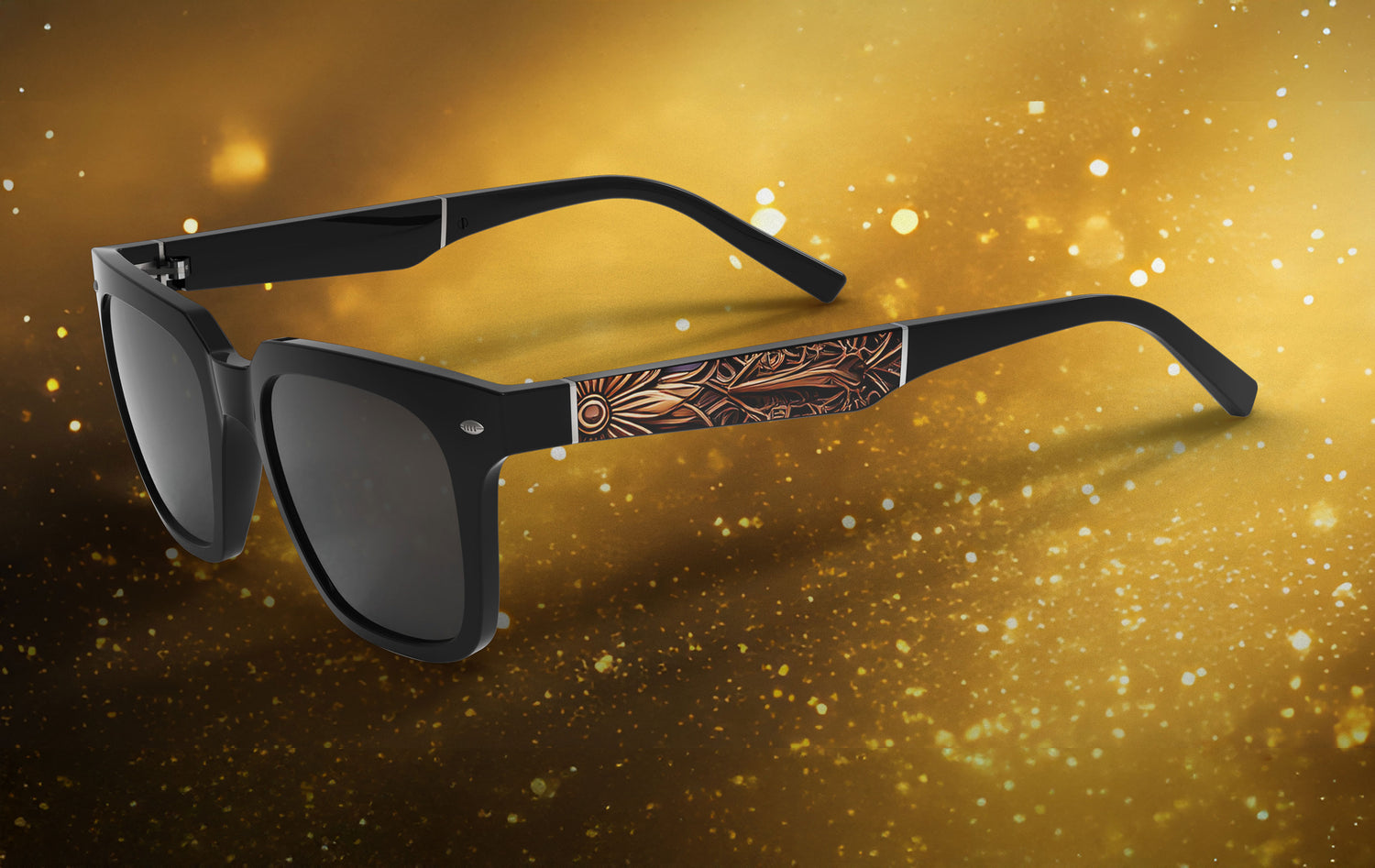 Sunglasses with decorative temple on a gold background