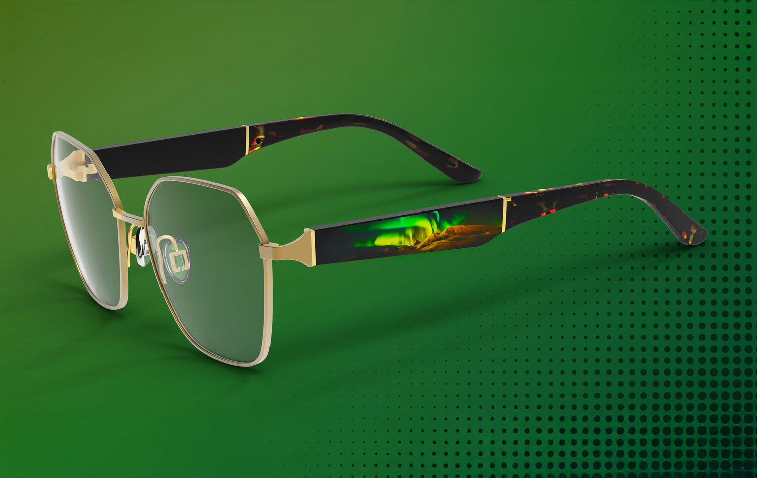 Eyeglasses with gold frame and green-tinted lenses on a green background