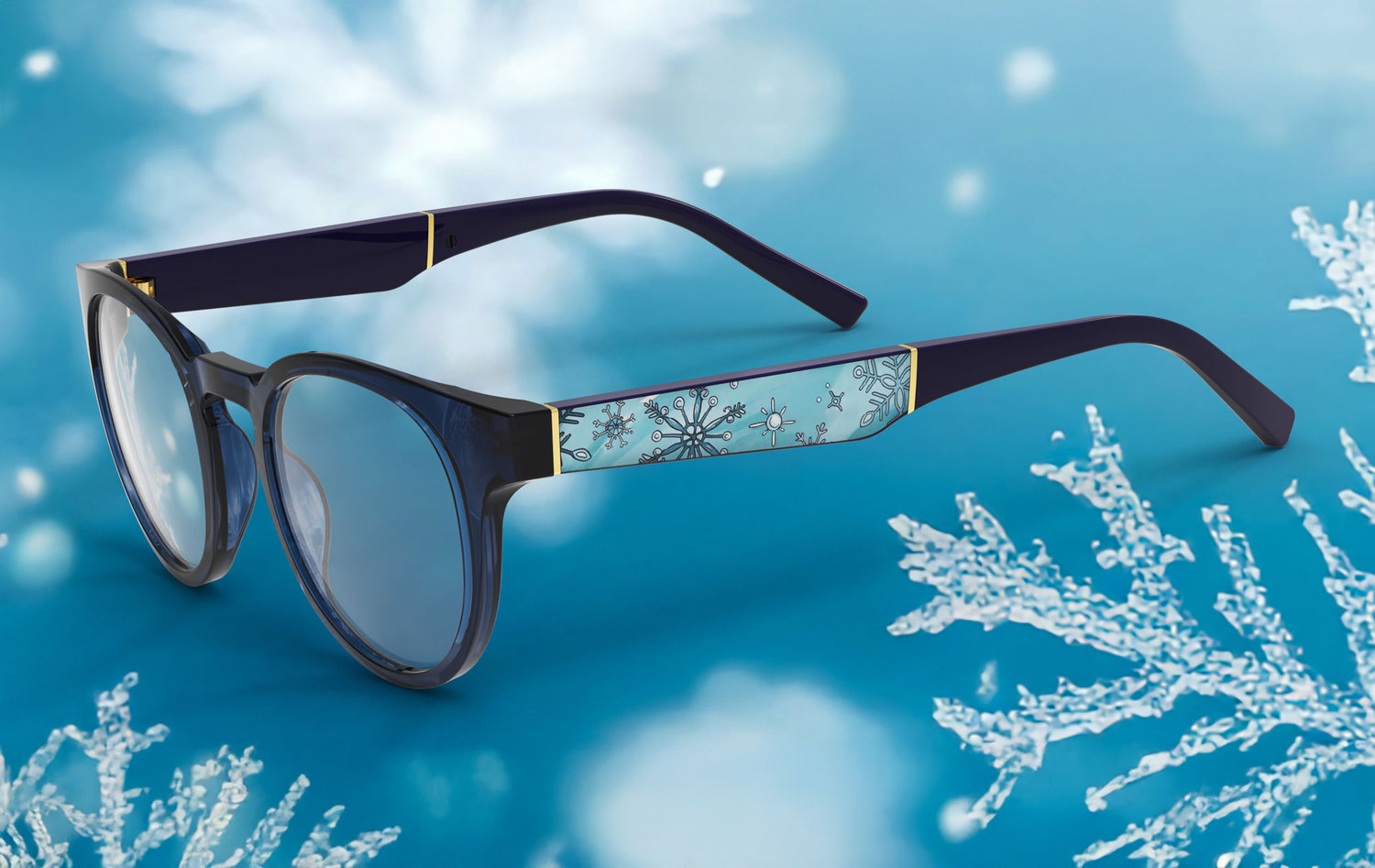 Glasses with decorative arm featuring snowflake design on a blue background