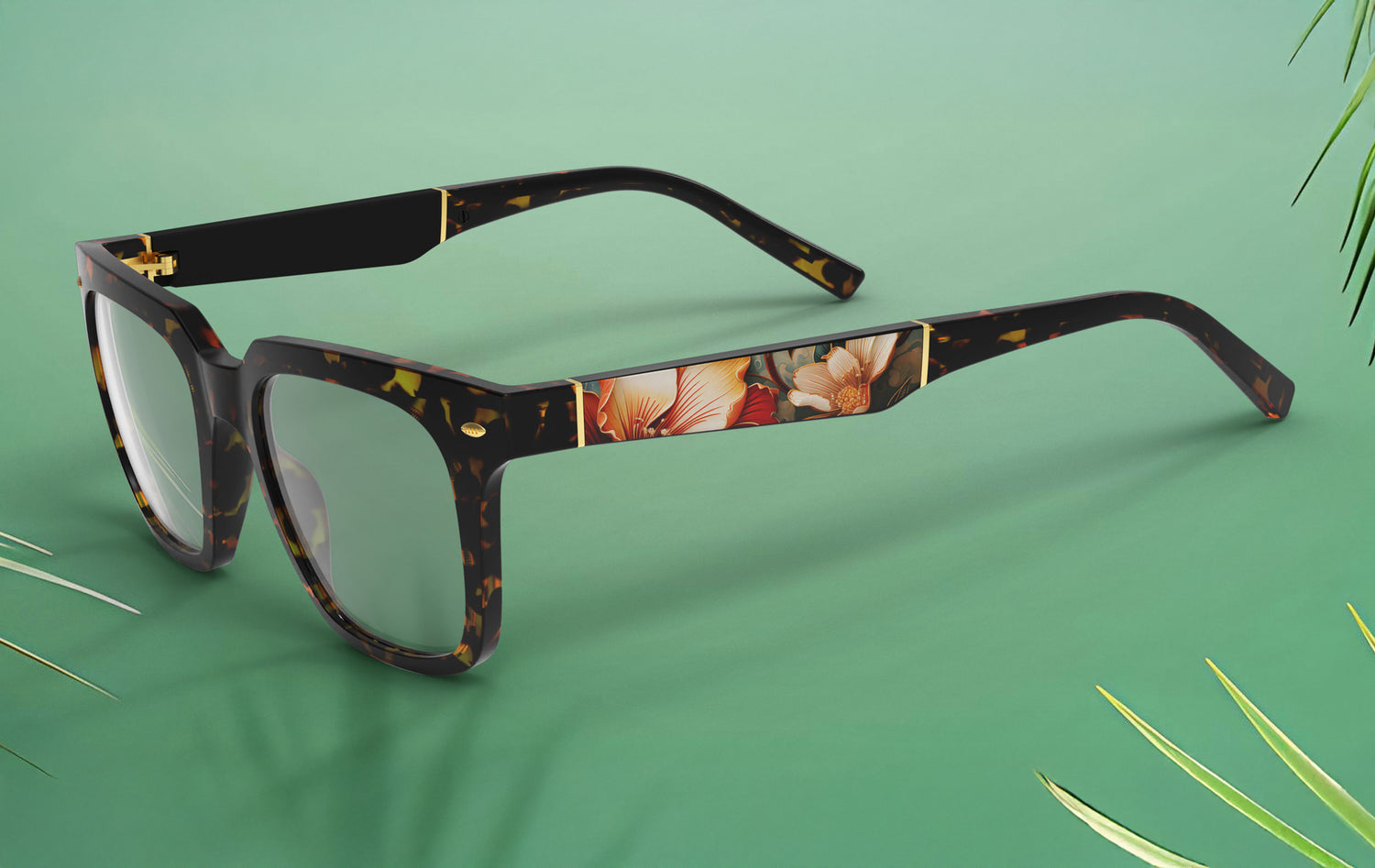 Eyeglasses with floral design on a green background