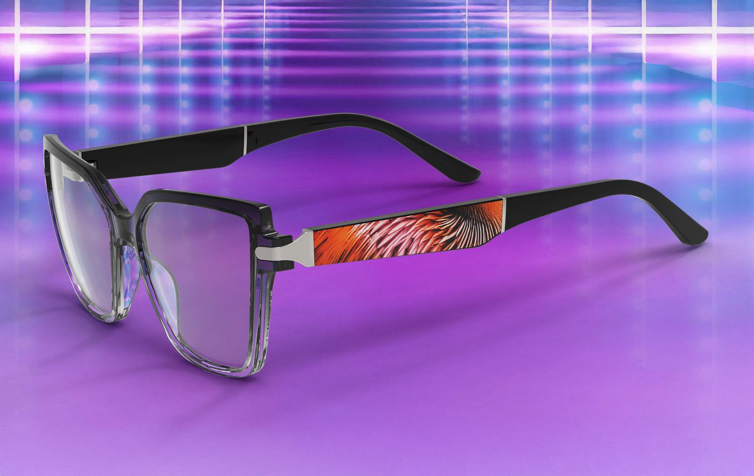 Eyeglasses with a colorful design on a vibrant purple background