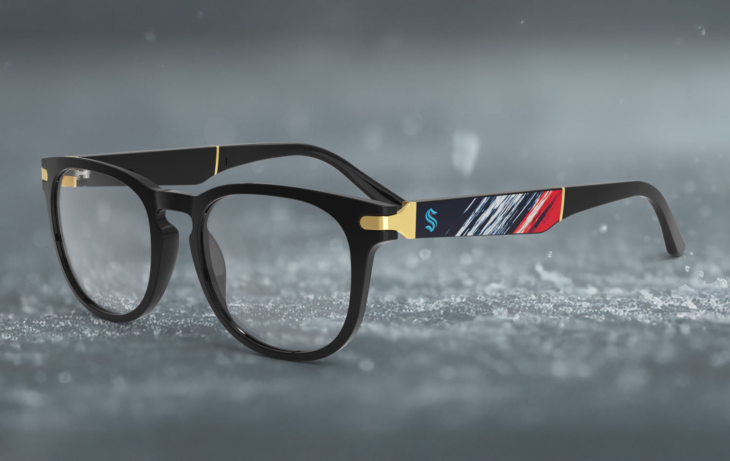 Black eyeglasses with colorful accents on a gray background
