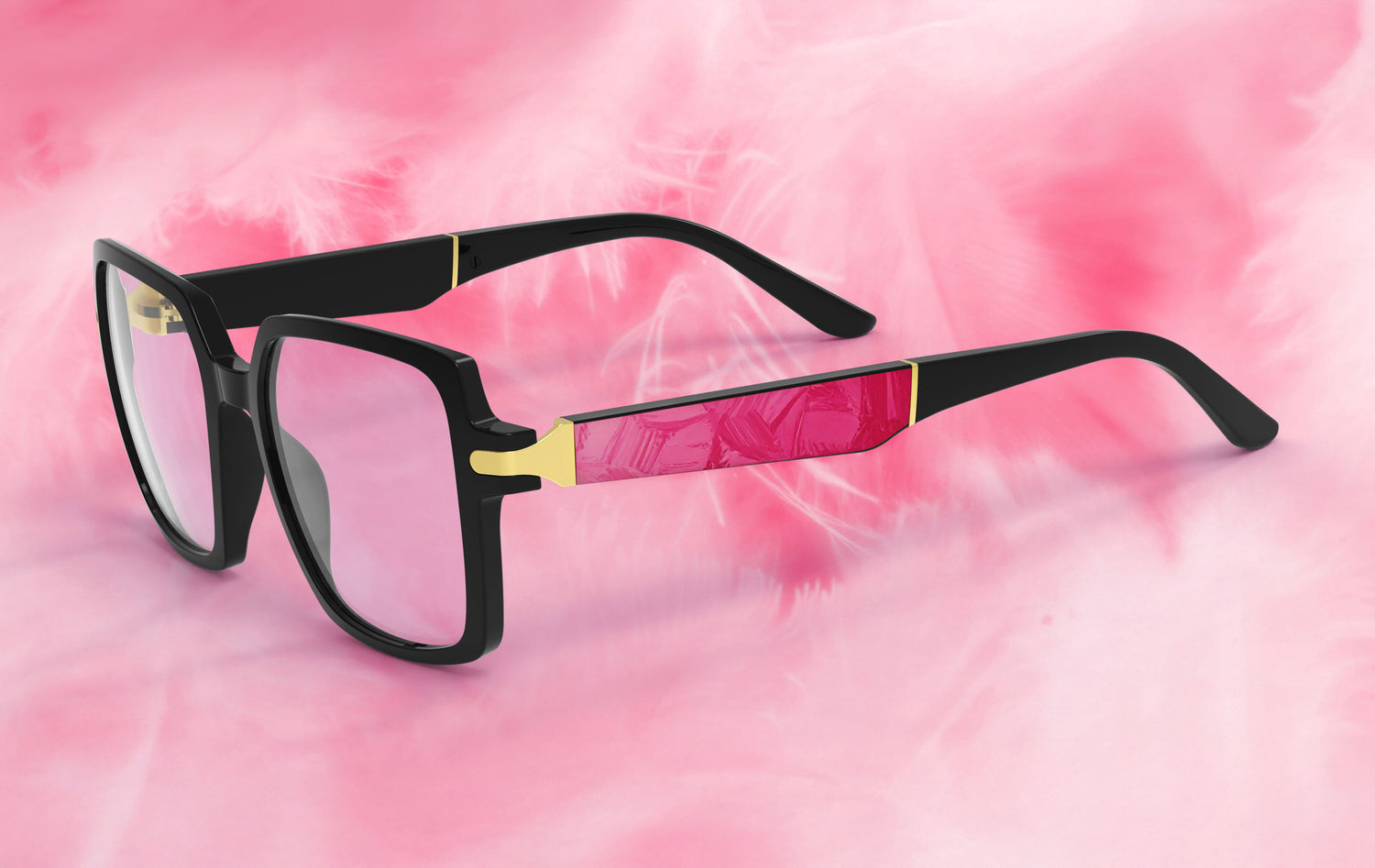 Eyeglasses with black frame and pink accents on a pink background