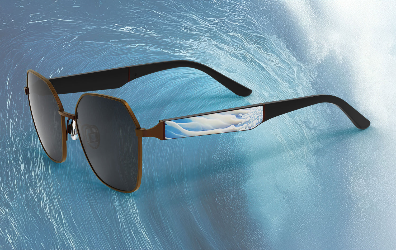 Sunglasses with a wave design on the arm against a blue water background