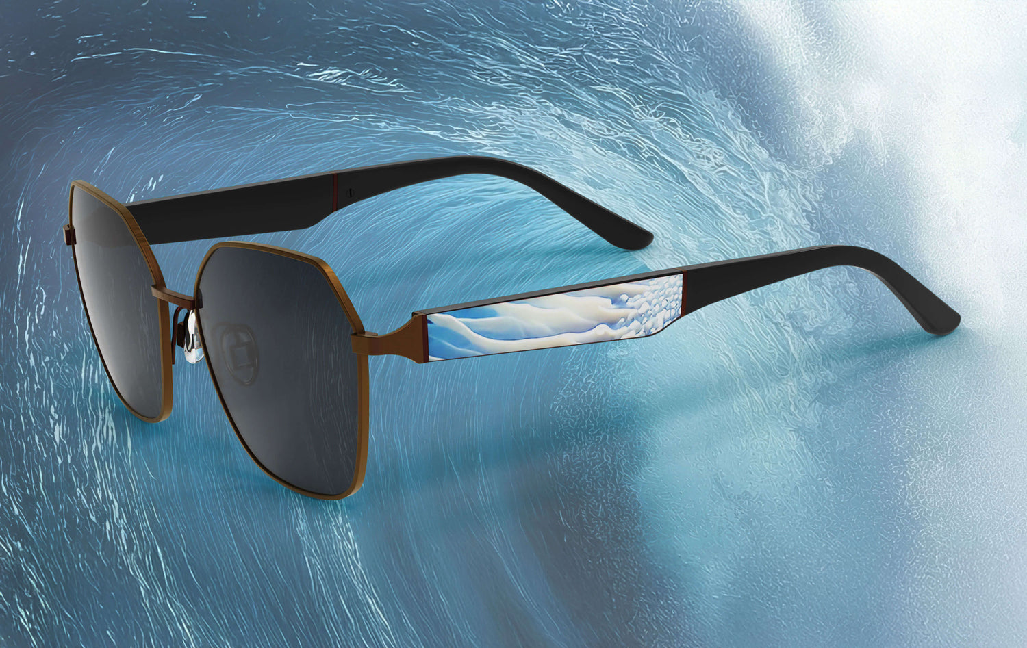 Sunglasses with a blue wave background