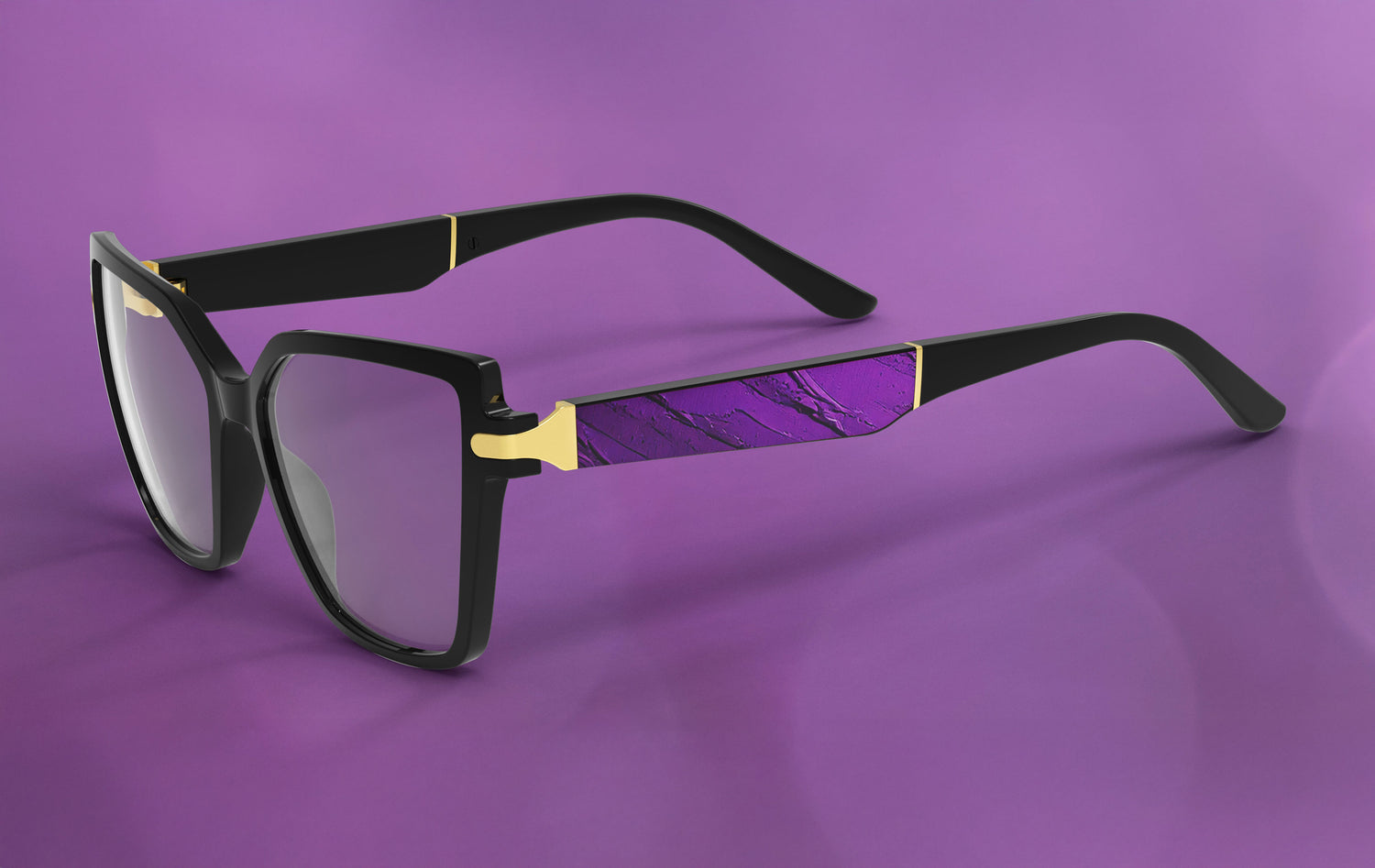 Black-framed glasses with purple-tinted lenses on a purple background