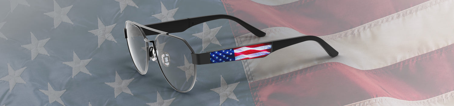 Sunglasses with American flag design on a background of the American flag