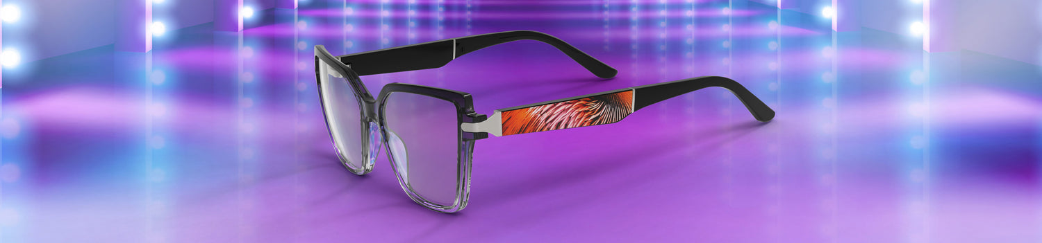 Eyeglasses with colorful design on a vibrant purple and blue gradient background