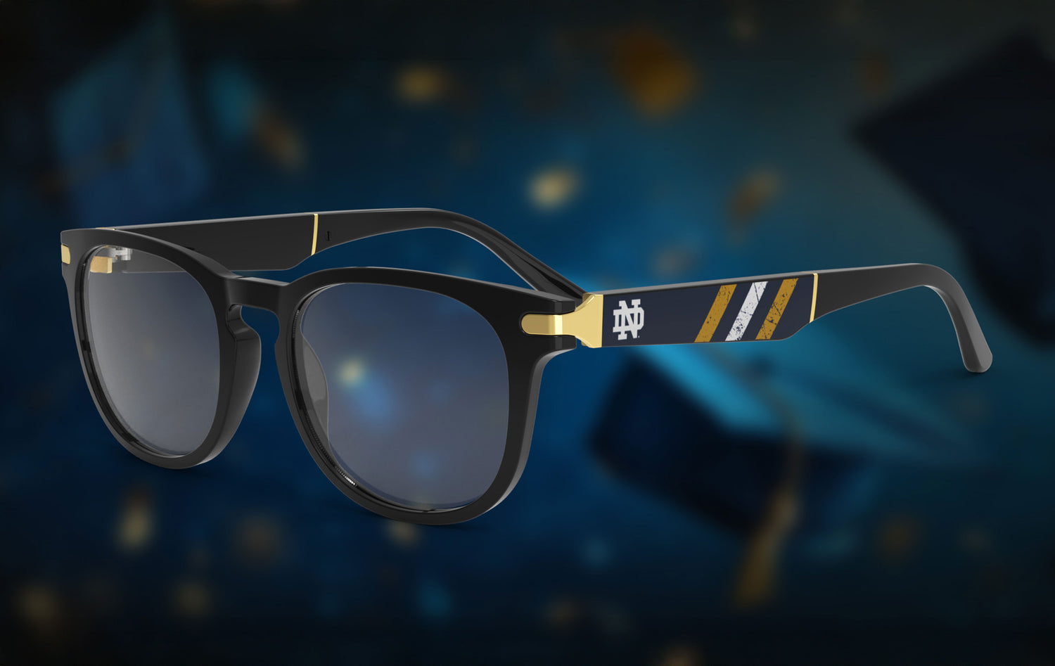 Eyewear with the Notre Dame logo on the frame against a blurred background