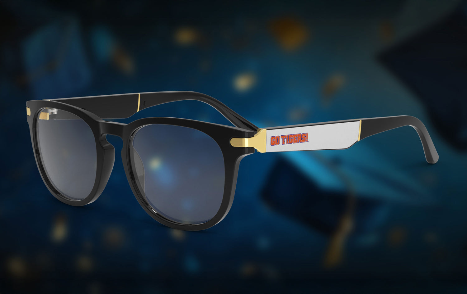 Eyewear with the Clemson logo on a dark background