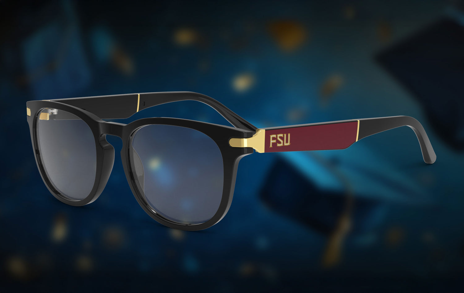 Eyewear with 'FSU' (Florida State University) logo on the arm against a dark background