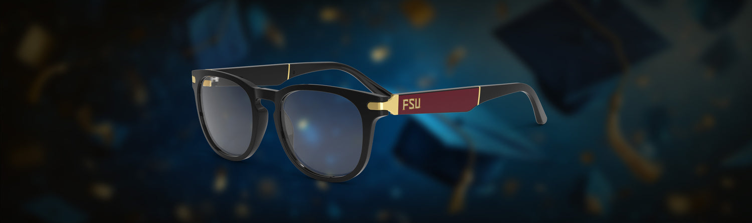 Glasses with a visible brand logo on a dark, starry background