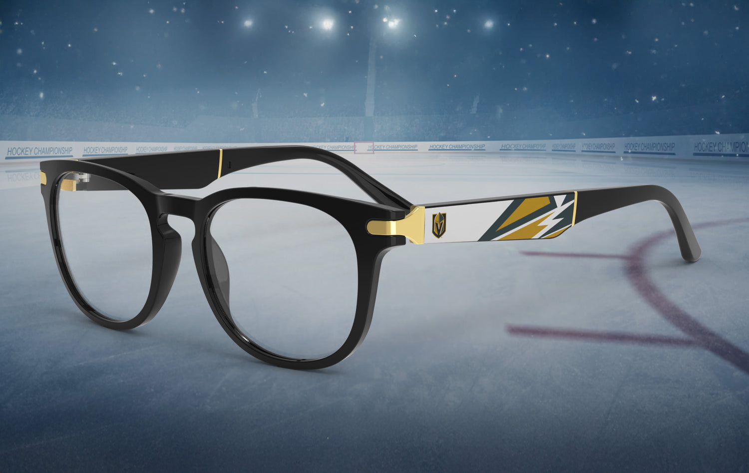 Black-framed Allegiant eyeglasses with a Vegas Golden Knights logo on the temple blade with a gold, green, and white abstract design on an ice hockey rink background.