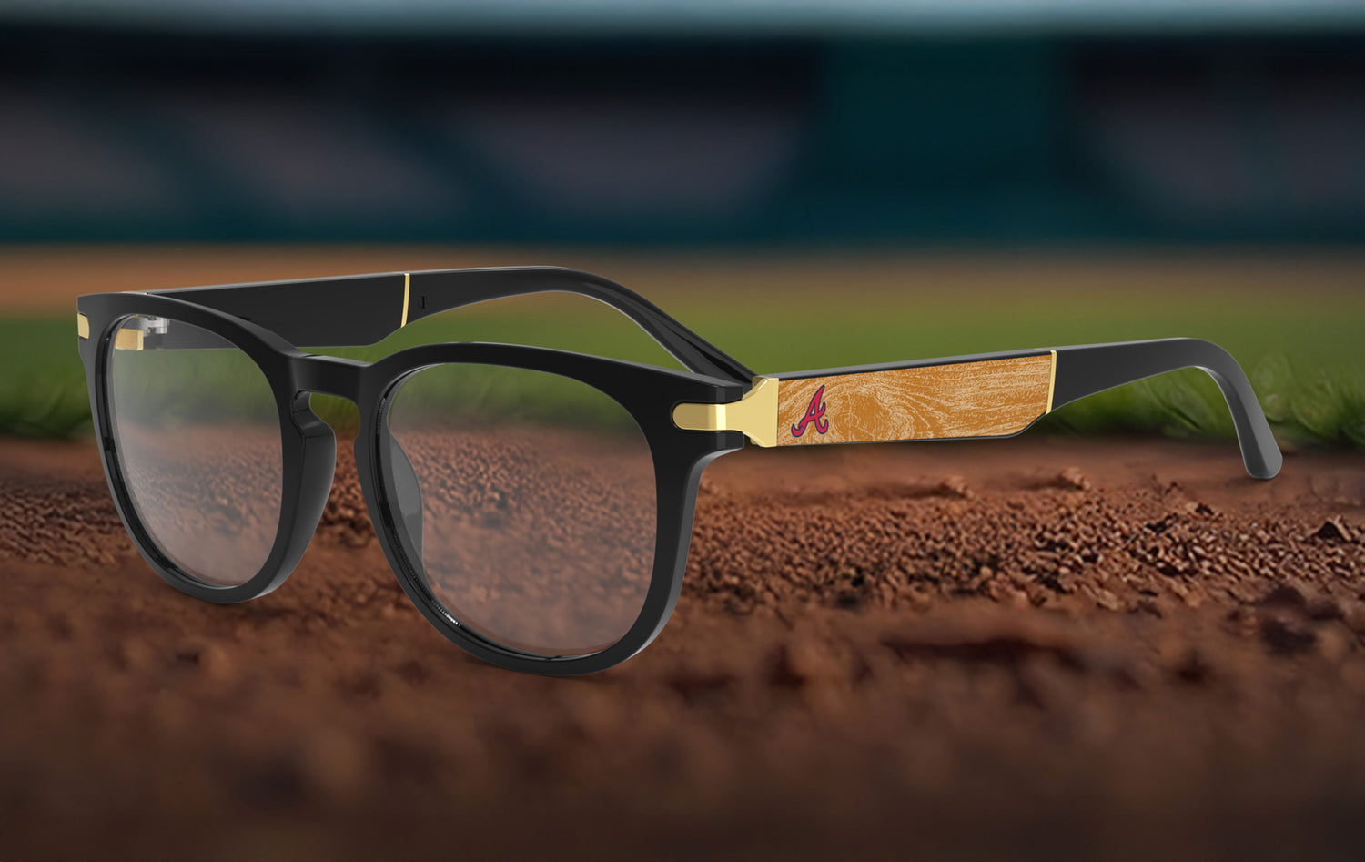 Black-framed sunglasses with wooden arm on a textured surface