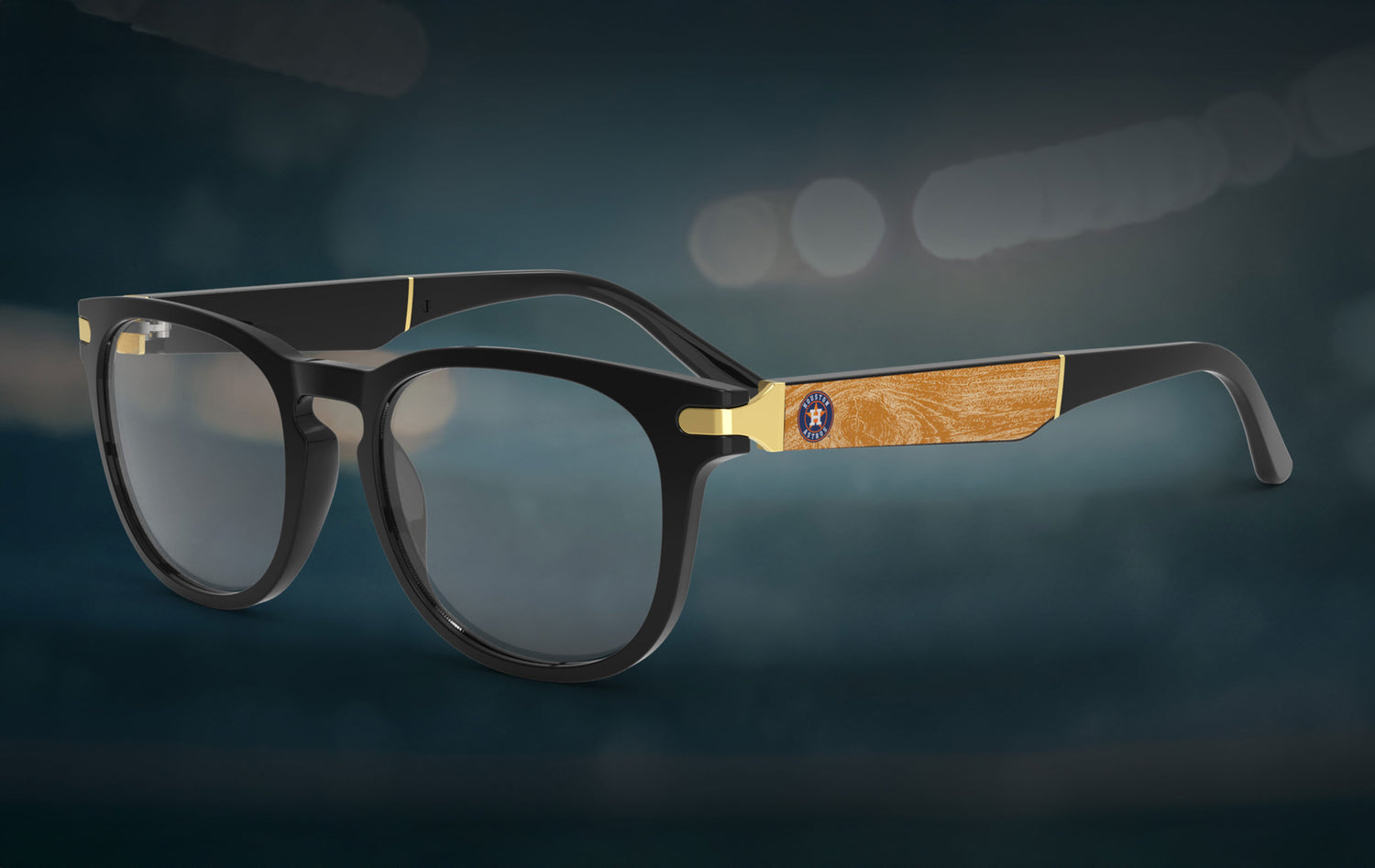 Black-framed glasses with wooden arm details on a dark background