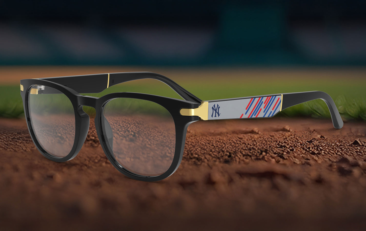 Black-framed sunglasses with a colorful arm on a baseball field