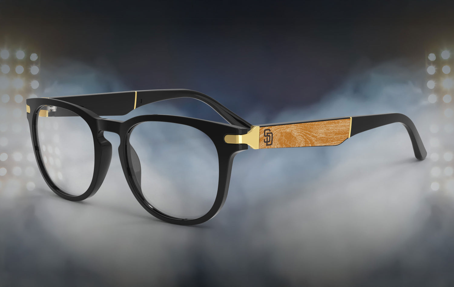 Glasses with black frame and wooden arm on a blurred night-lit background