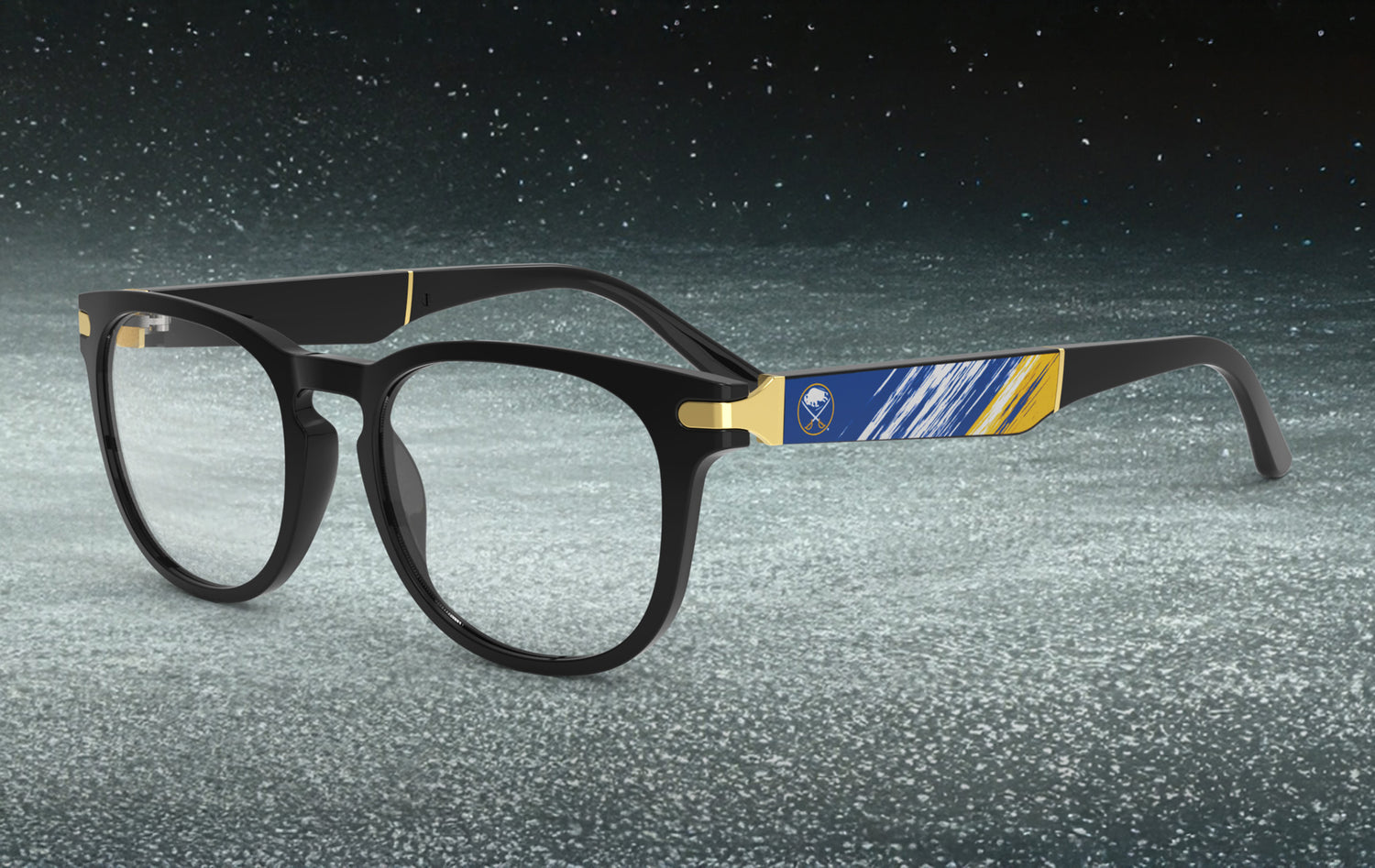 Black eyeglasses with blue and yellow accents on a reflective surface
