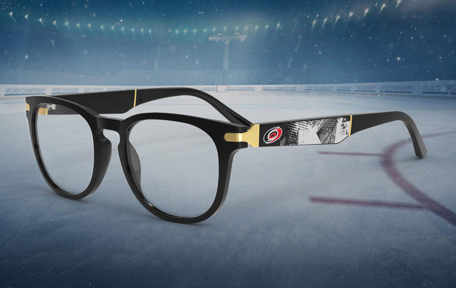 Allegiant glasses with temple blade showing Carolina Hurricanes logo against a black abstract design in a hockey rink setting.