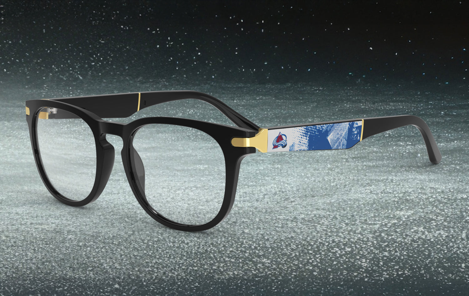 Black eyeglasses with decorative arm on a textured surface