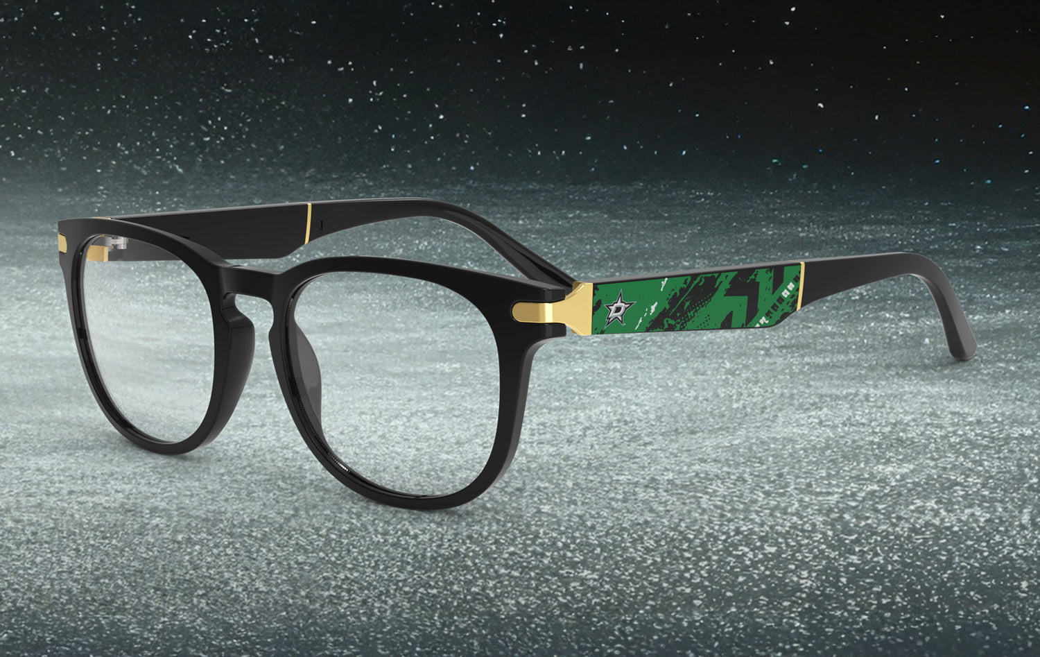 Allegiant glasses with temple blade showing Dallas Stars logo against a black and green abstract design in a hockey rink setting.
