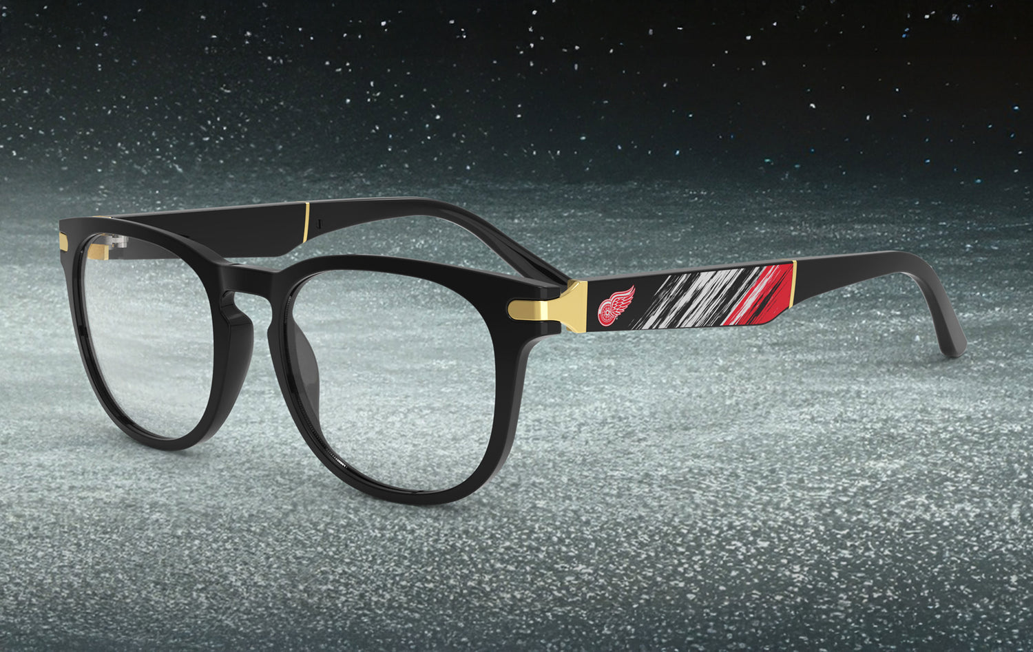 Allegiant glasses with temple blade showing Detroit Red Wings logo against a black and red abstract design in a hockey rink setting.