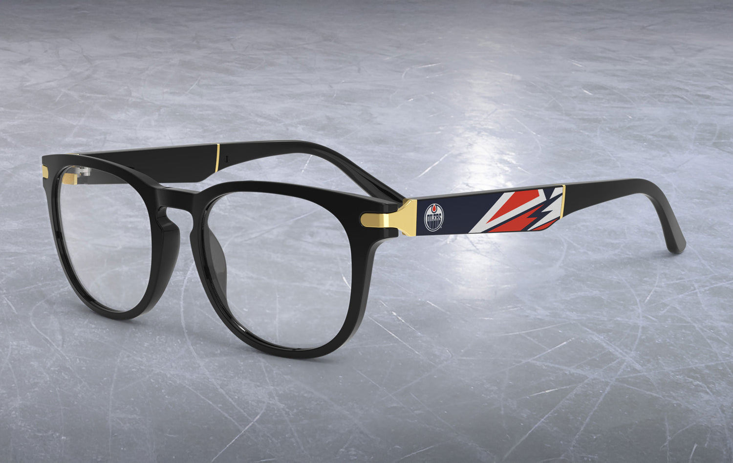 Allegiant glasses with temple blade showing Edmonton Oilers logo against a black and blue abstract design in a hockey rink setting.