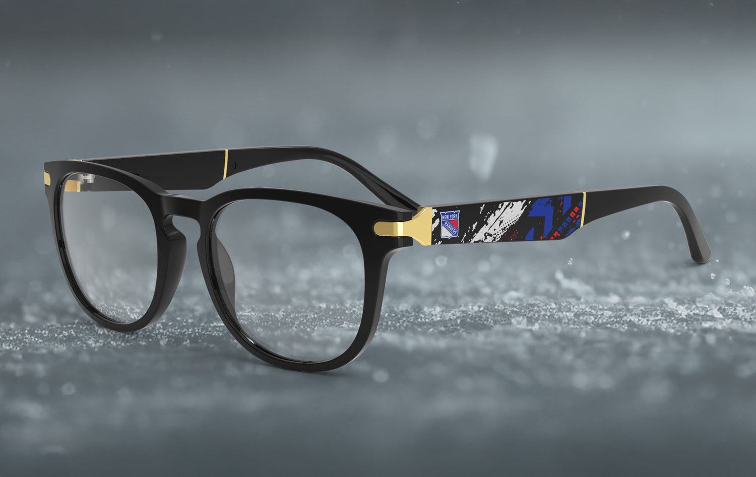 Black eyeglasses with colorful design on a gray background