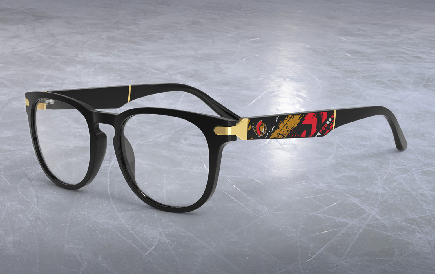 Allegiant glasses with temple blade showing Ottawa Senators logo against a black and red abstract design in a hockey rink setting.