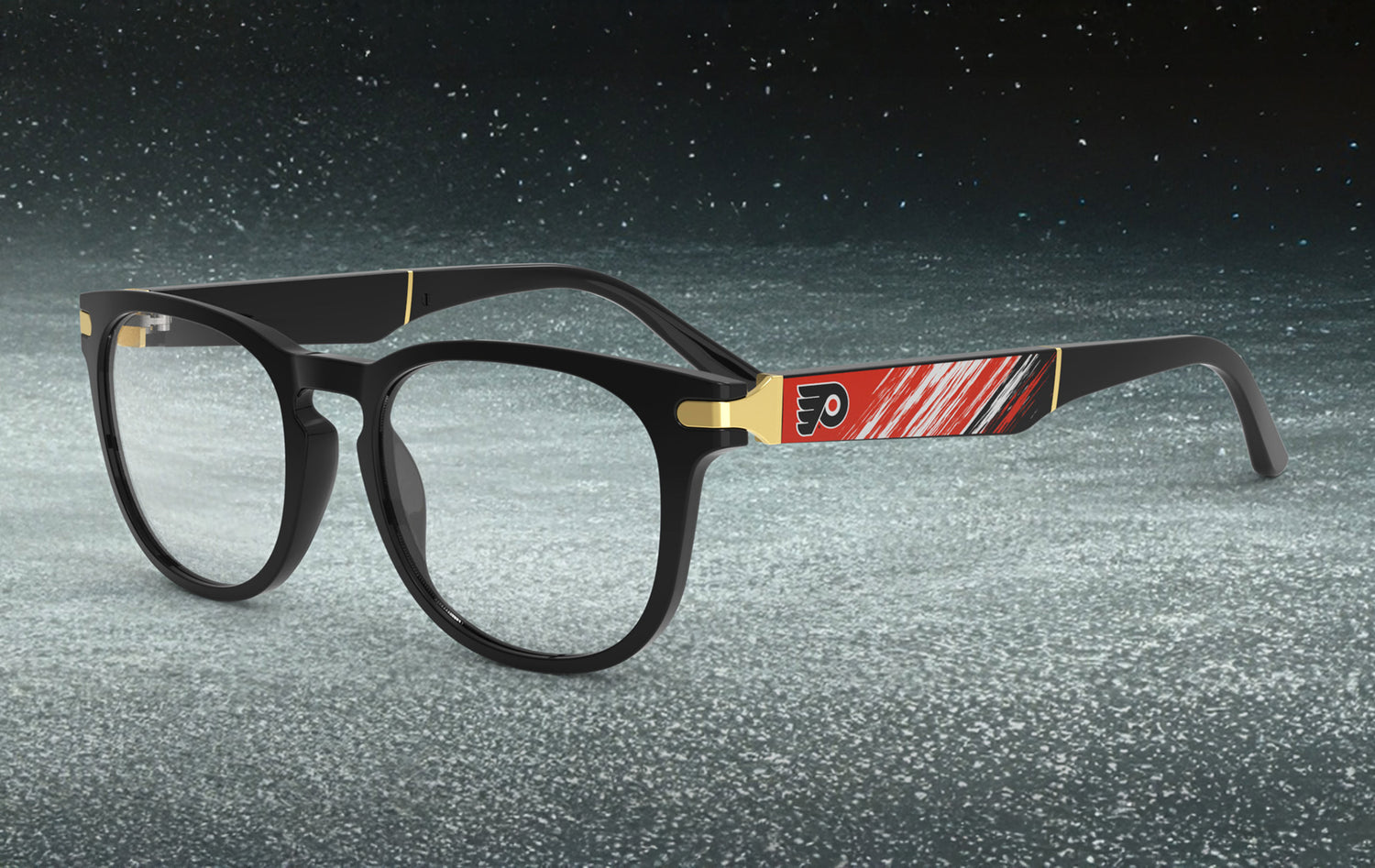 Eyeglasses with a decorative frame on an icy background