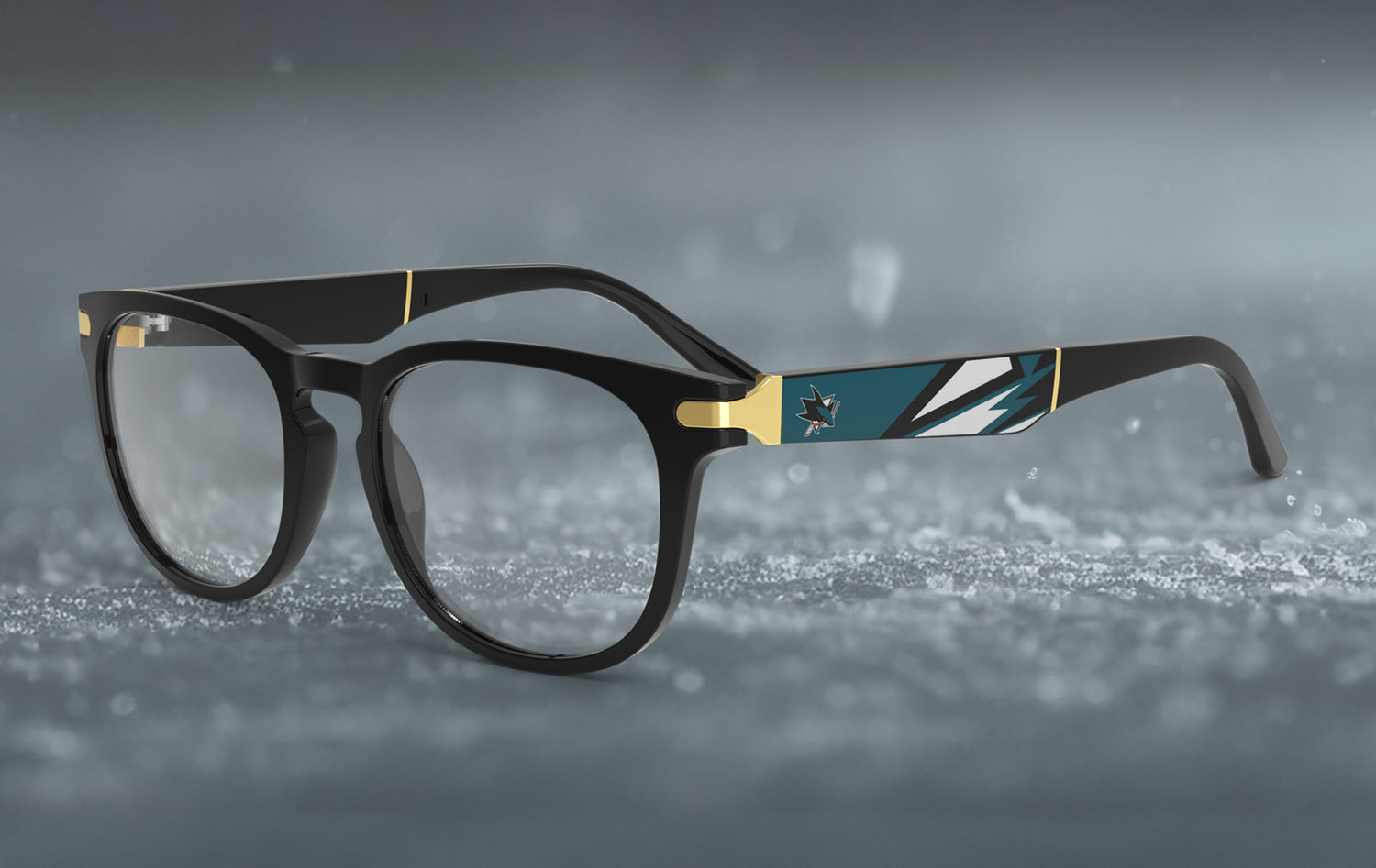 Allegiant glasses with temple blade showing San Jose Sharks logo against a black and green abstract design in a hockey rink setting.
