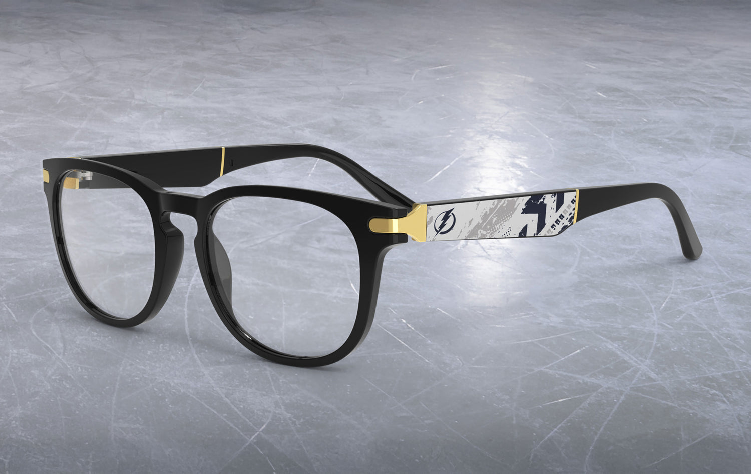 Allegiant glasses with temple blade showing Tampa Bay Lightning logo against a black and grey abstract design in a hockey rink setting.