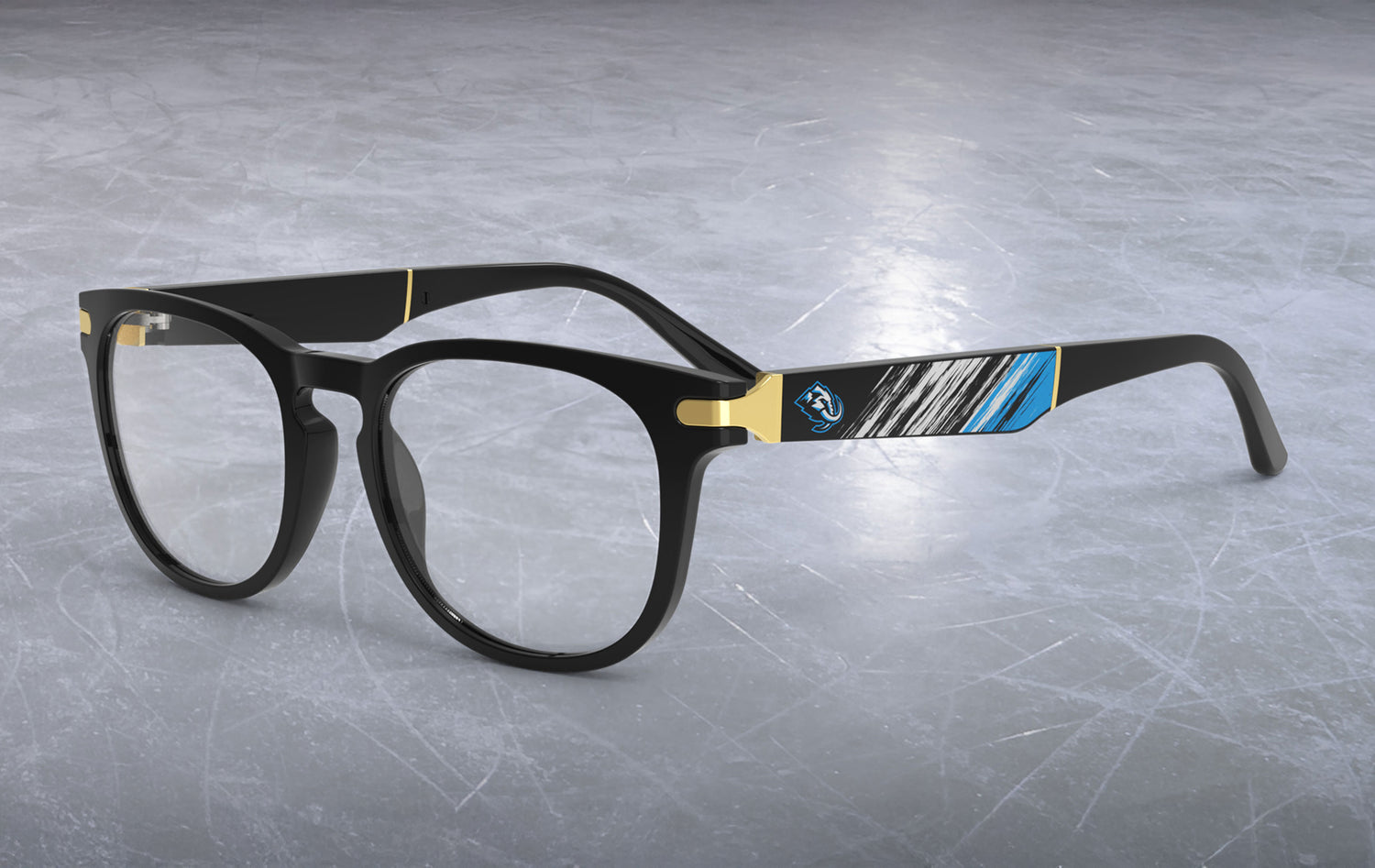 Allegiant glasses with temple blade showing Utah Mammoth logo against a black and blue abstract design in a hockey rink setting.
