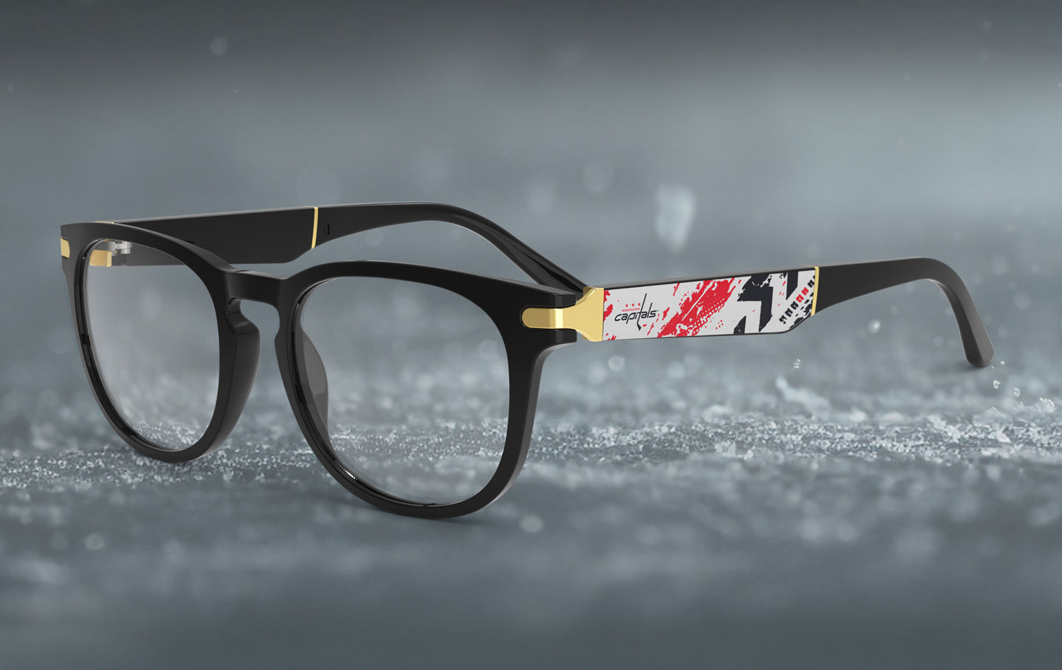 Allegiant glasses with temple blade showing Washington Capitals logo against a red and blue abstract design.