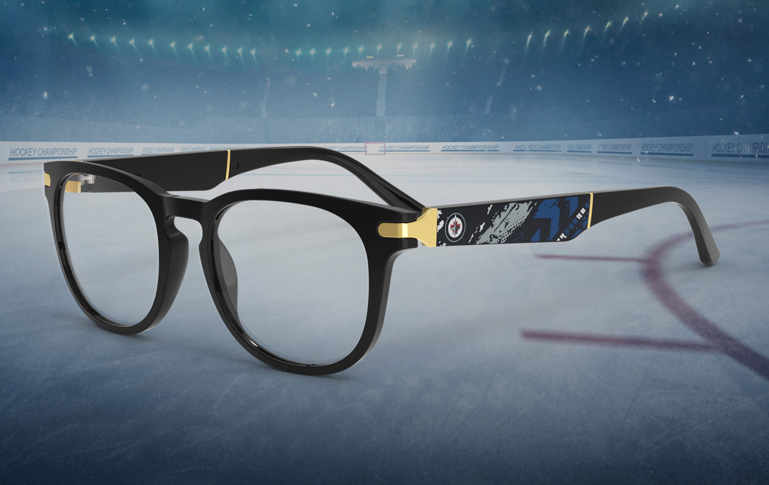 Allegiant glasses with temple blade showing Winnipeg Jets logo against a black and blue abstract design in a hockey rink setting.