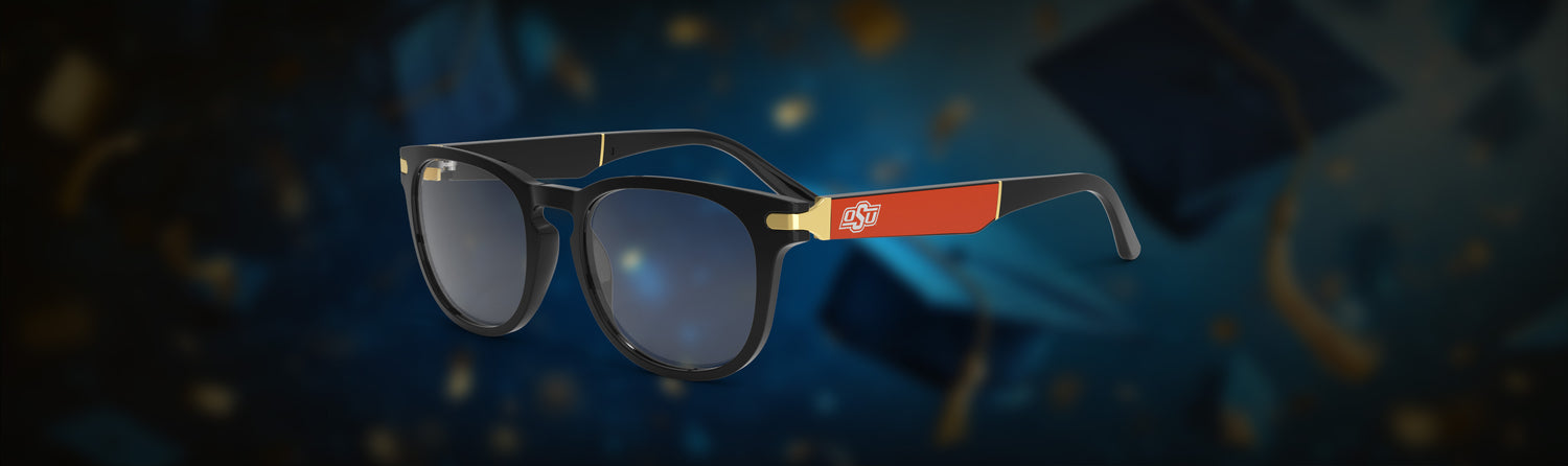 Glasses with a red and white logo on a dark background