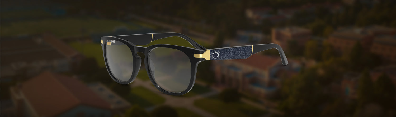 Black sunglasses with gold accents on a blurred landscape background
