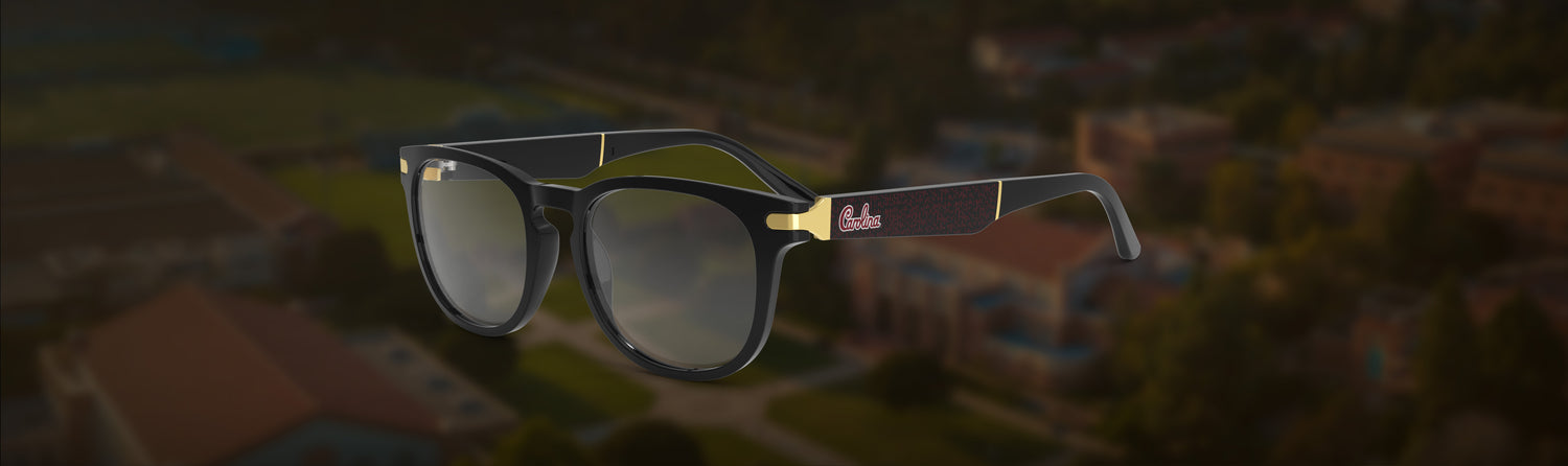 Glasses with a dark lens on a blurred landscape background