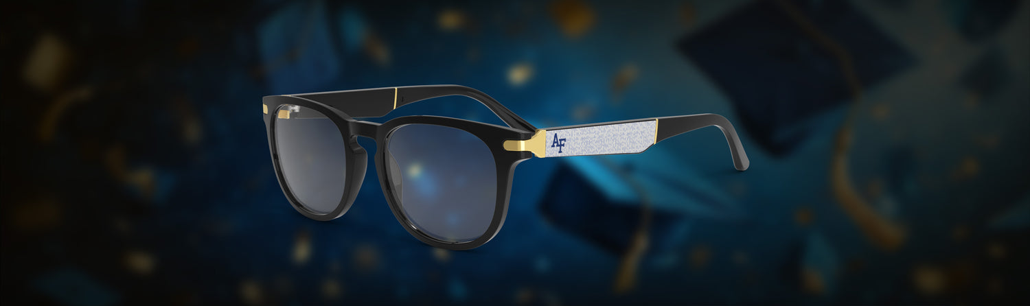 Glasses with a brand logo on a dark background
