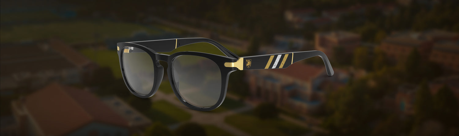 Glasses with gold accents on a blurred landscape background